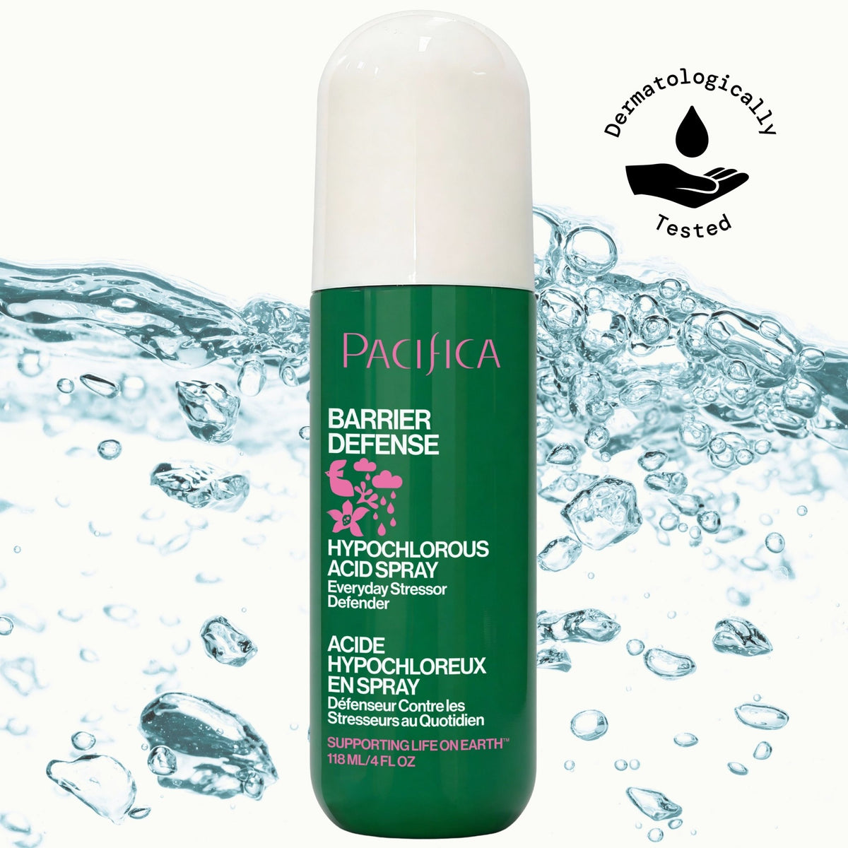 Green bottle of Pacifica Barrier Defense Hypochlorous Acid Spray with water droplets in the background