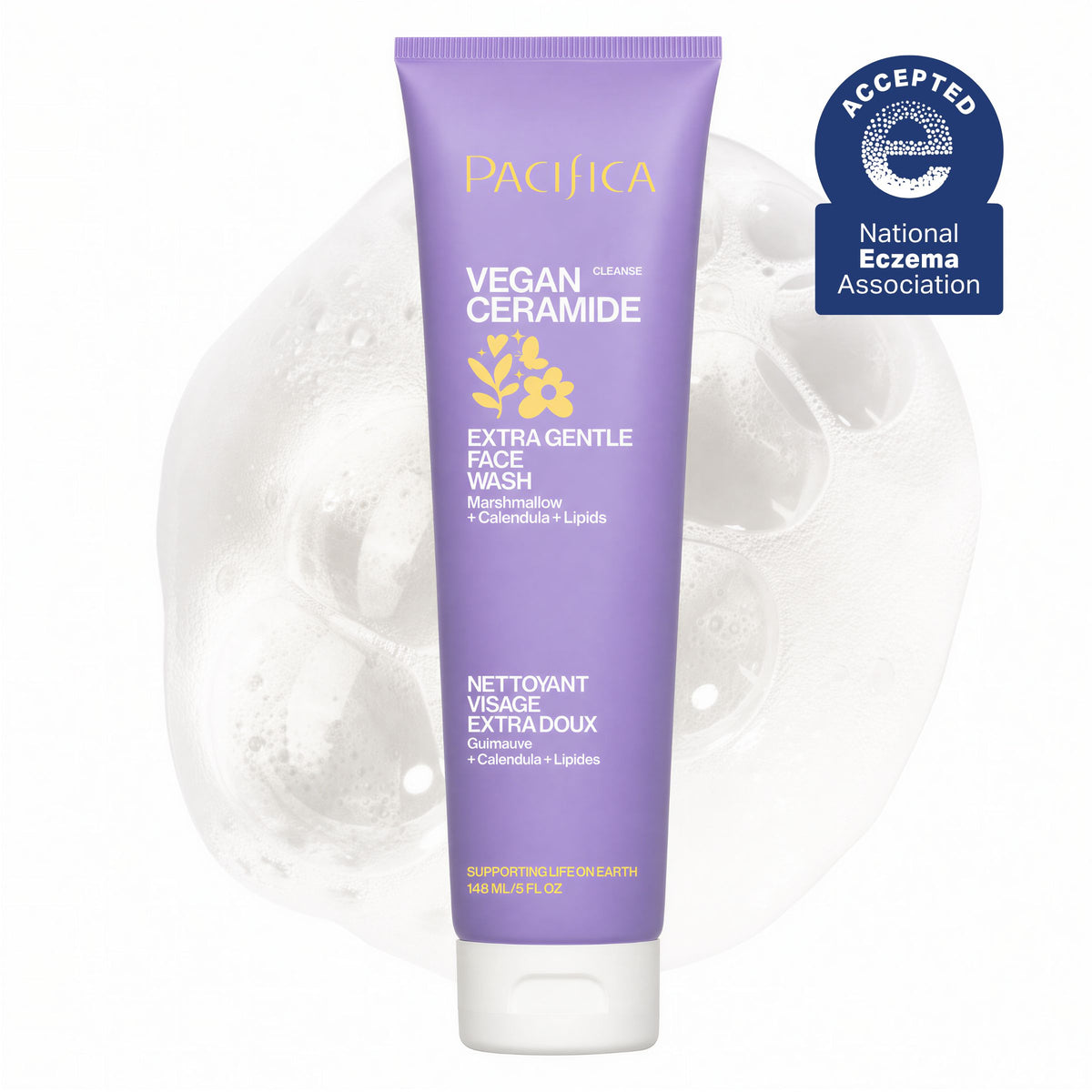 A lavender purple tube of Pacifica Vegan Ceramide Extra Gentle Face Wash with a white cap, set against a white background with a faint bubbly graphic and a blue National Eczema Association Accepted seal in the top right.