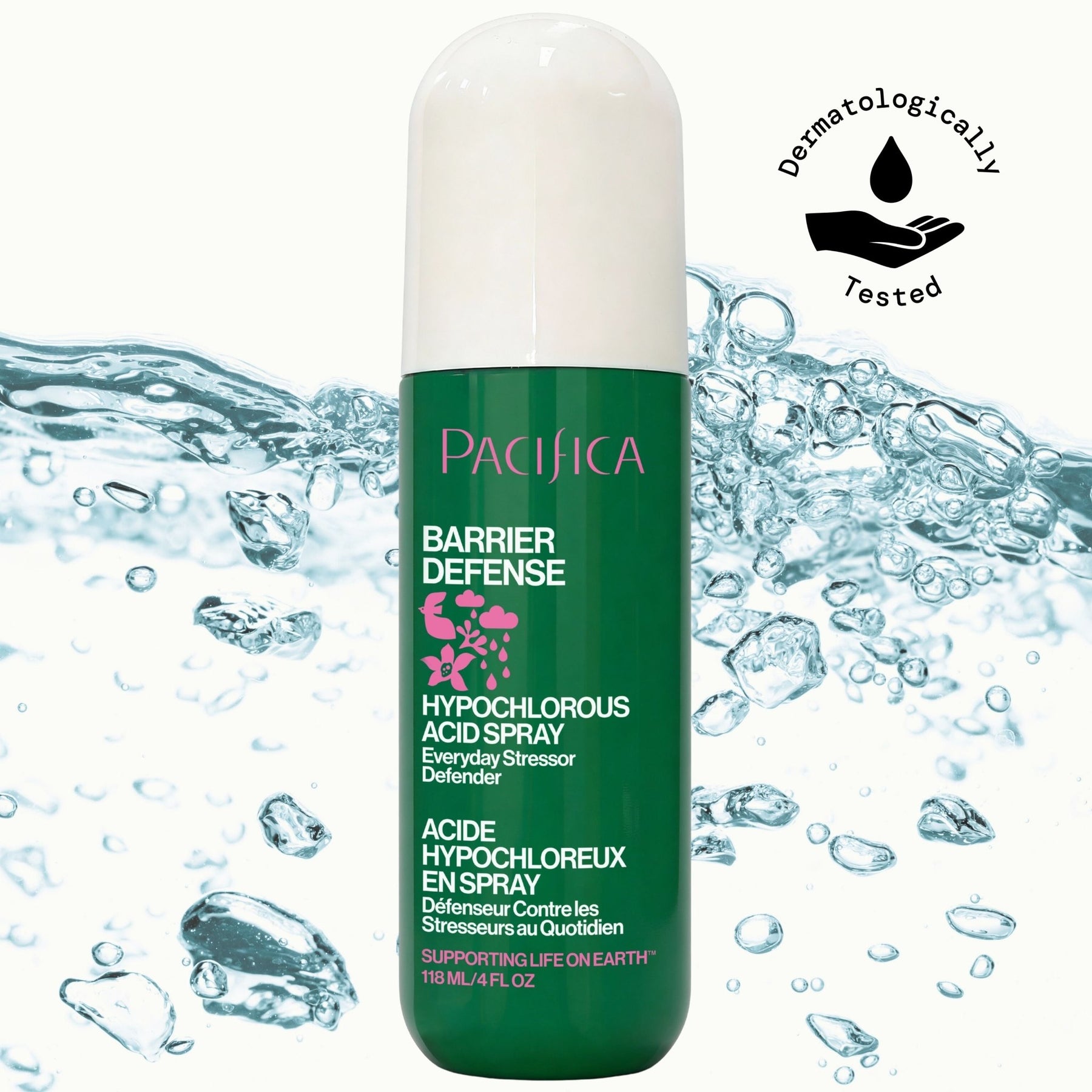 Green bottle of Pacifica Barrier Defense Hypochlorous Acid Spray with water droplets in the background