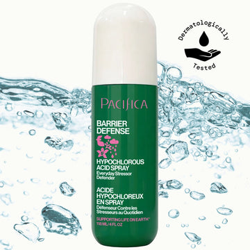 Green bottle of Pacifica Barrier Defense Hypochlorous Acid Spray with water droplets in the background