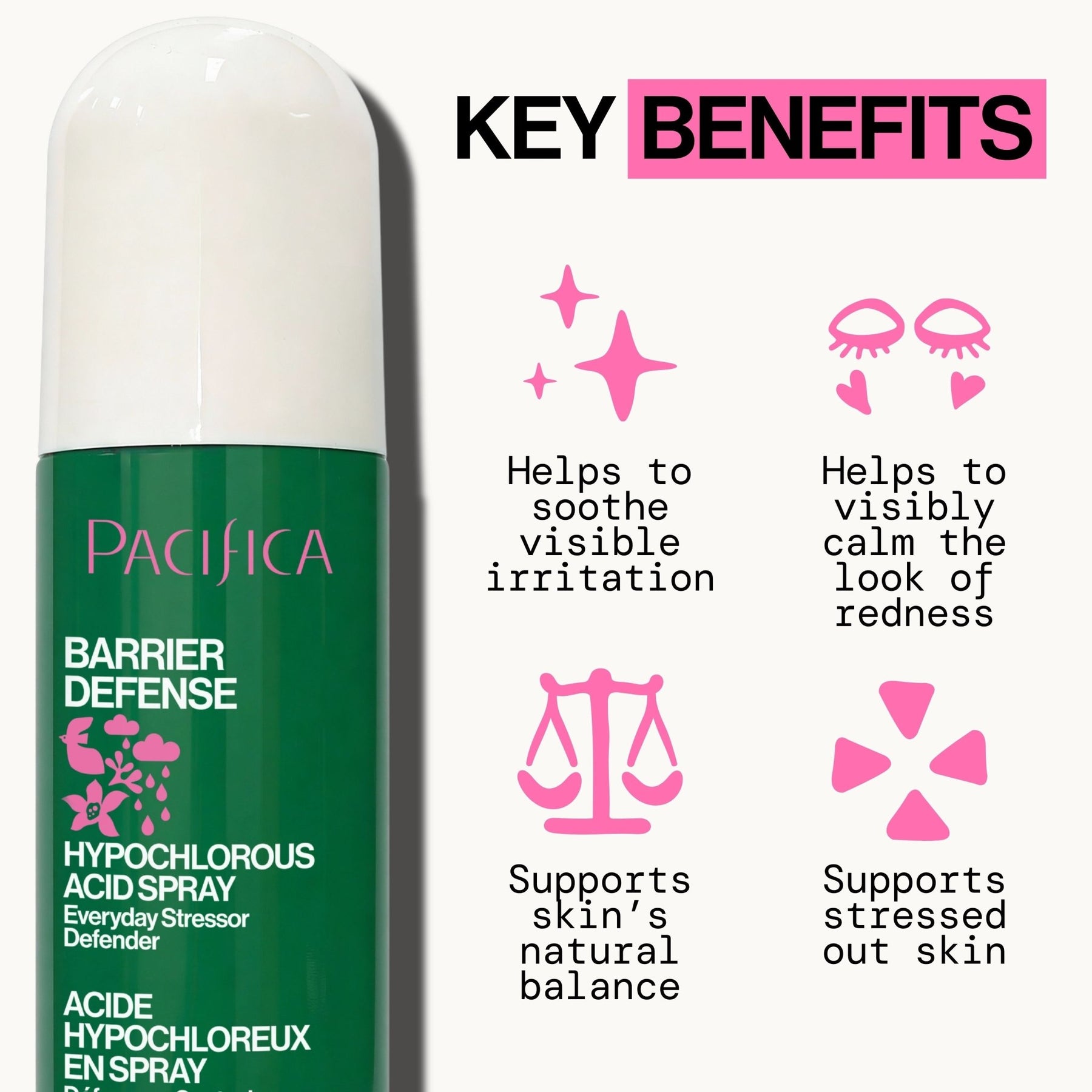 Pacifica Barrier Defense spray with key benefits listed on a white background