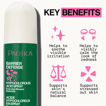 Pacifica Barrier Defense spray with key benefits listed on a white background