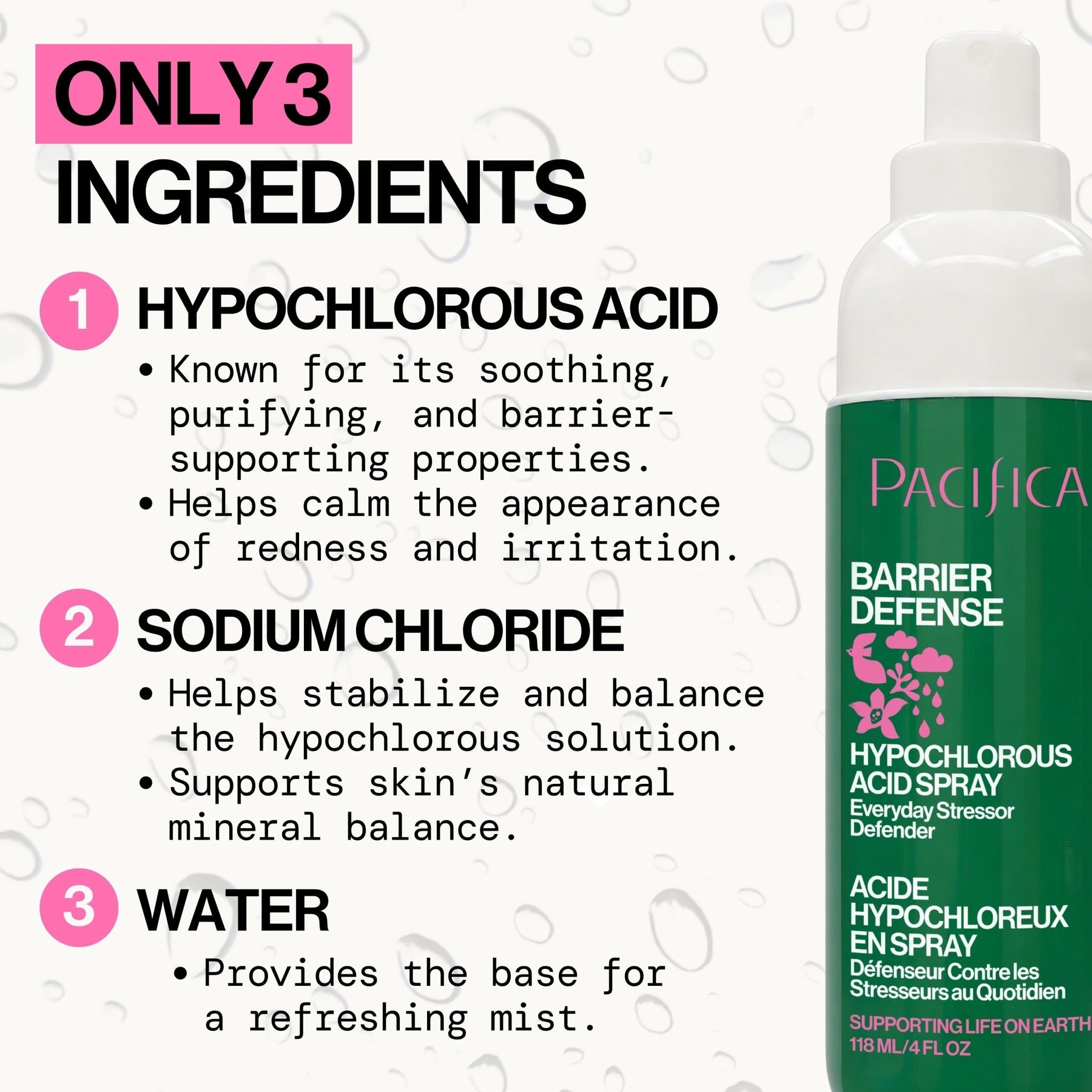 Pacifica Barrier Defense Hypochlorous Acid Spray with ingredient list on a white background