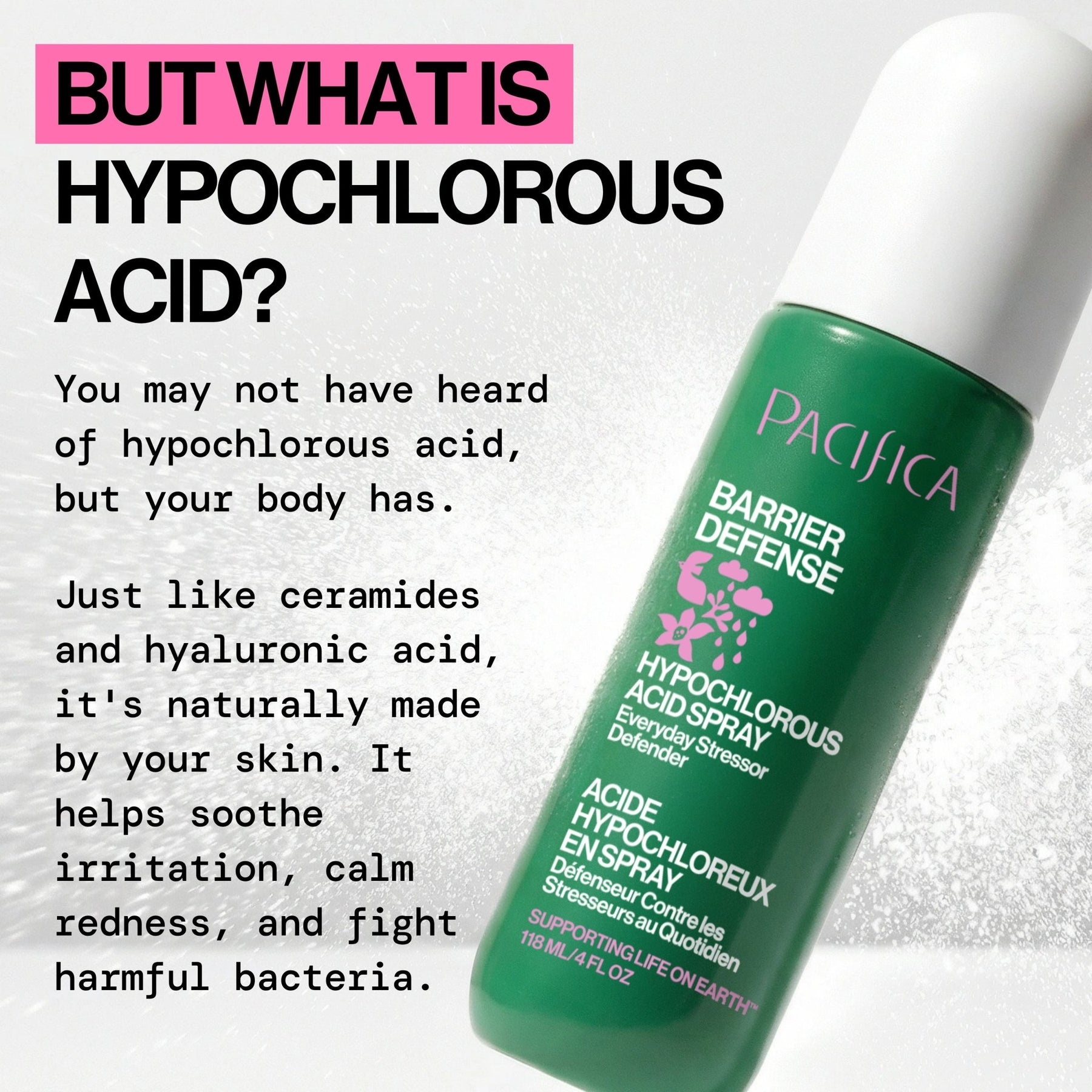 Pacifica Barrier Defense Hypochlorous Acid spray bottle with text about hypochlorous acid on a light gray background.