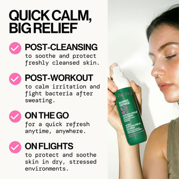 Woman holding a bottle of Pacifica Barrier Defense Deodorant with text about its uses.