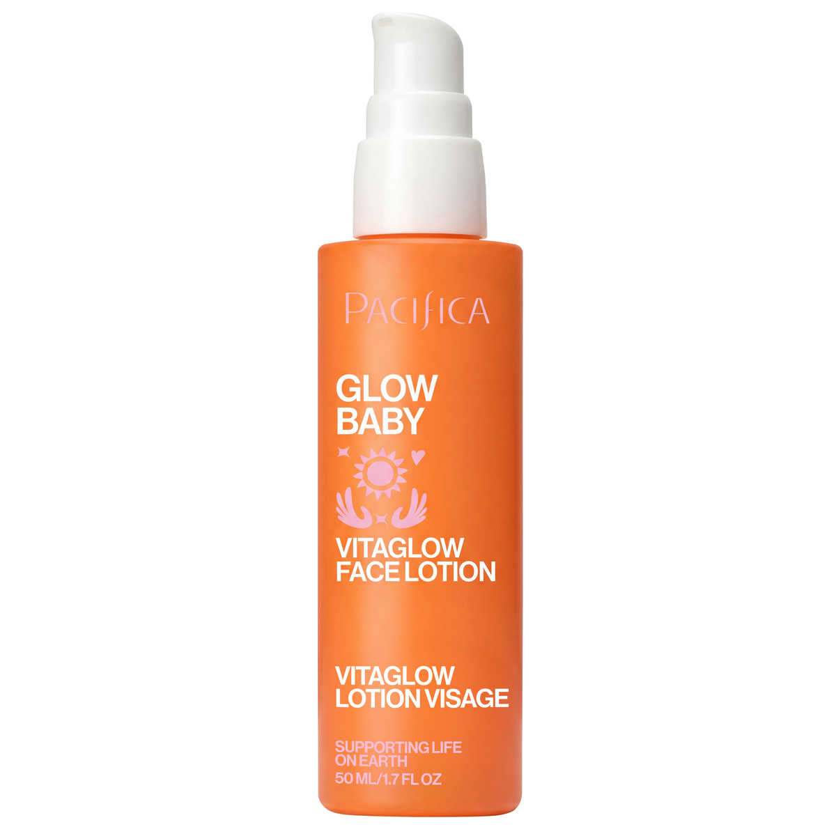 Pacifica Glow Baby Vitaglow Face Lotion in a 50 ml orange pump bottle with a white cap, shown on a plain white background.
