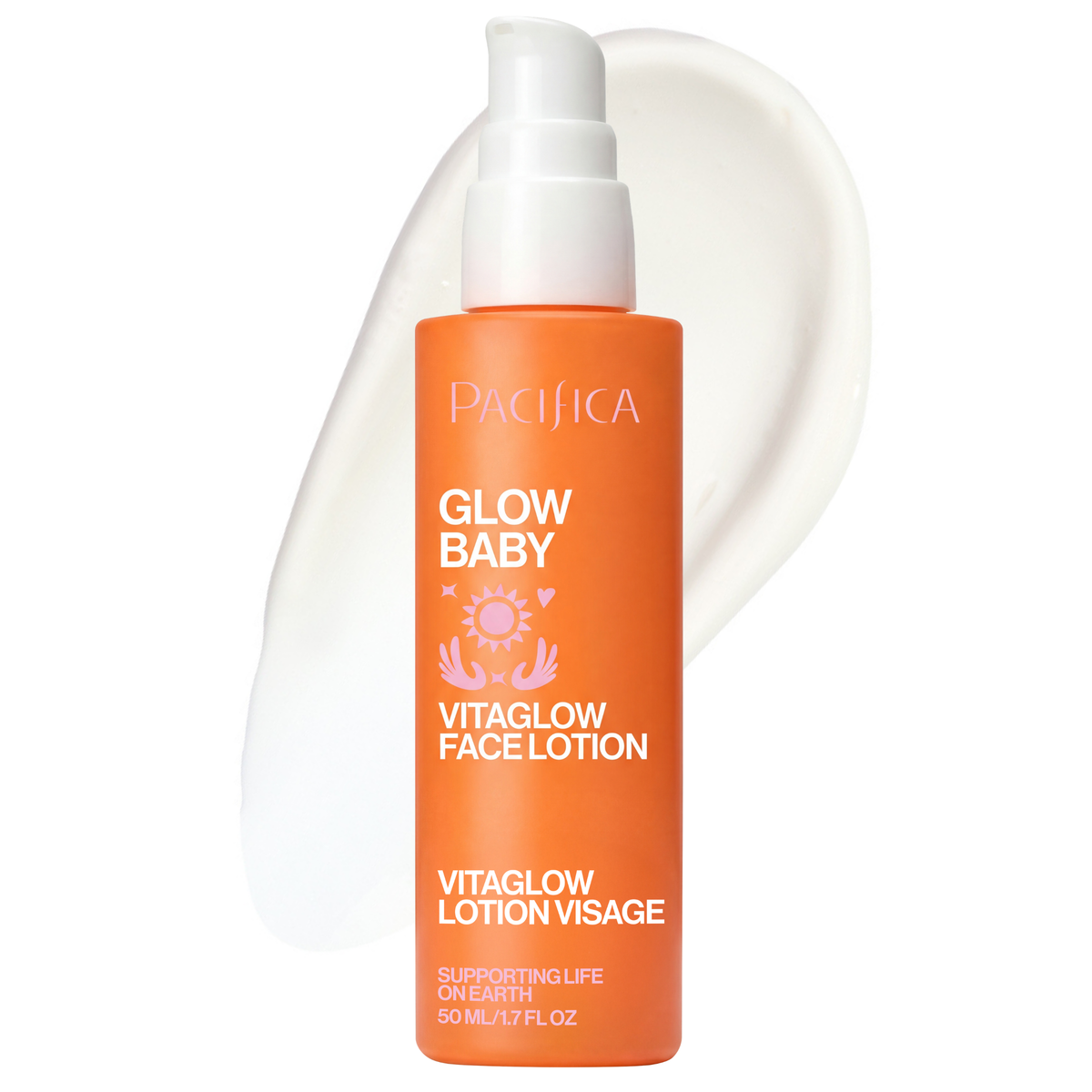 A bottle of Pacifica Glow Baby Vitaglow Face Lotion in a bright orange color with a white pump dispenser, set against a white background with a white cream smear behind it.