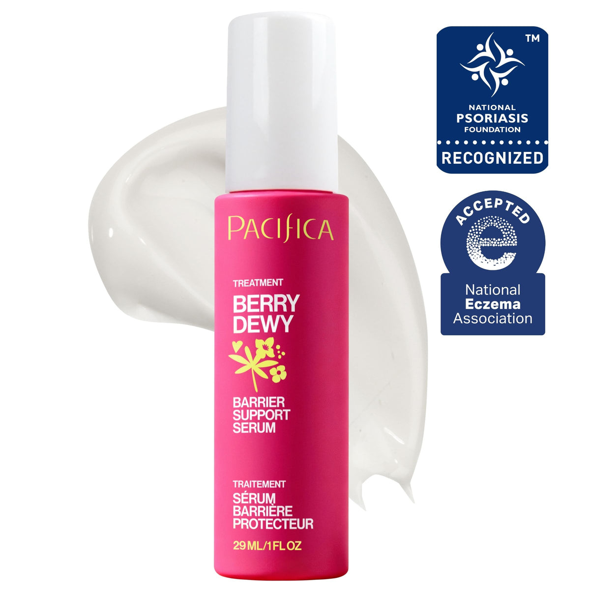 A bottle of Pacifica Berry Dewy Barrier Support Serum in a vibrant pink bottle with a white cap, shown against a white background with a white cream smear behind it and two blue certification badges on the right.