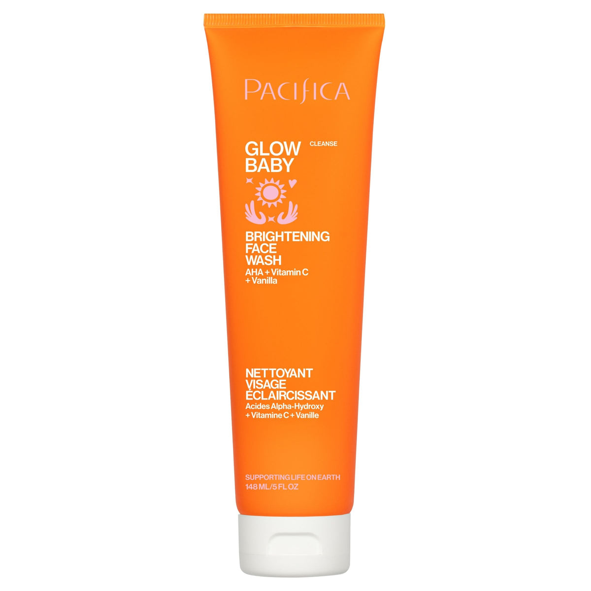 A single tube of Pacifica Glow Baby Brightening Face Wash on a solid white background. The tube is bright orange with white text and graphics, and has a white cap.