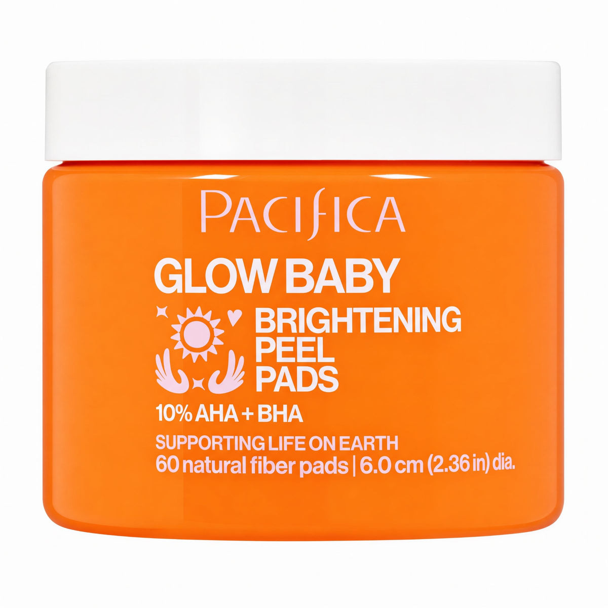 A bright orange jar of Pacifica Glow Baby Brightening Peel Pads with a white lid, shown on a plain white background.