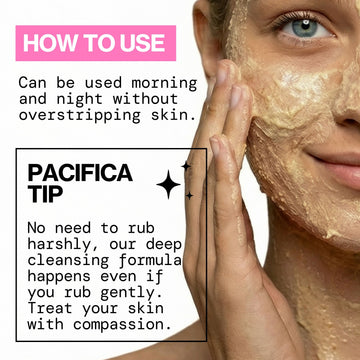 Close-up of a woman with a beige cleansing mask on her face, with text overlays reading 'HOW TO USE' and 'PACIFICA TIP' on a white background.