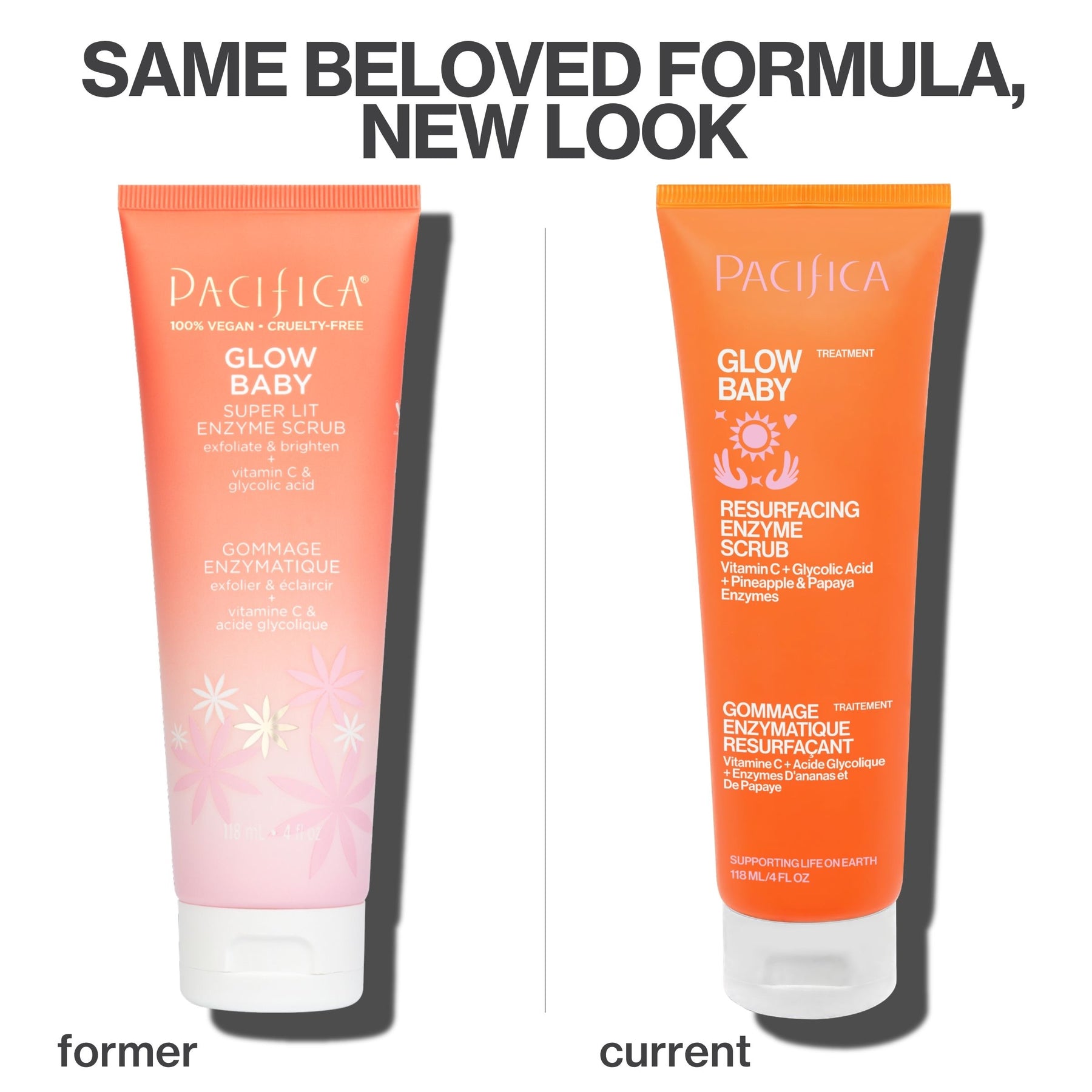 A side-by-side comparison of two Pacifica Glow Baby enzyme scrub tubes under the headline 'SAME BELOVED FORMULA, NEW LOOK.' The left tube, labeled 'former,' is pink with white text and floral graphics.