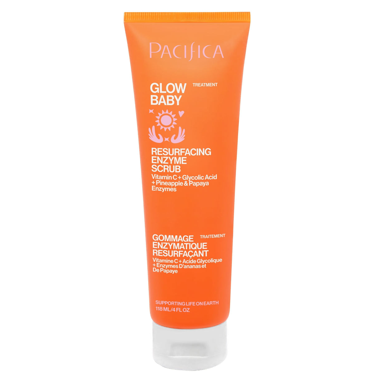 A single tube of Pacifica Glow Baby Resurfacing Enzyme Scrub in a bright orange color with white and pink text, shown on a plain white background.