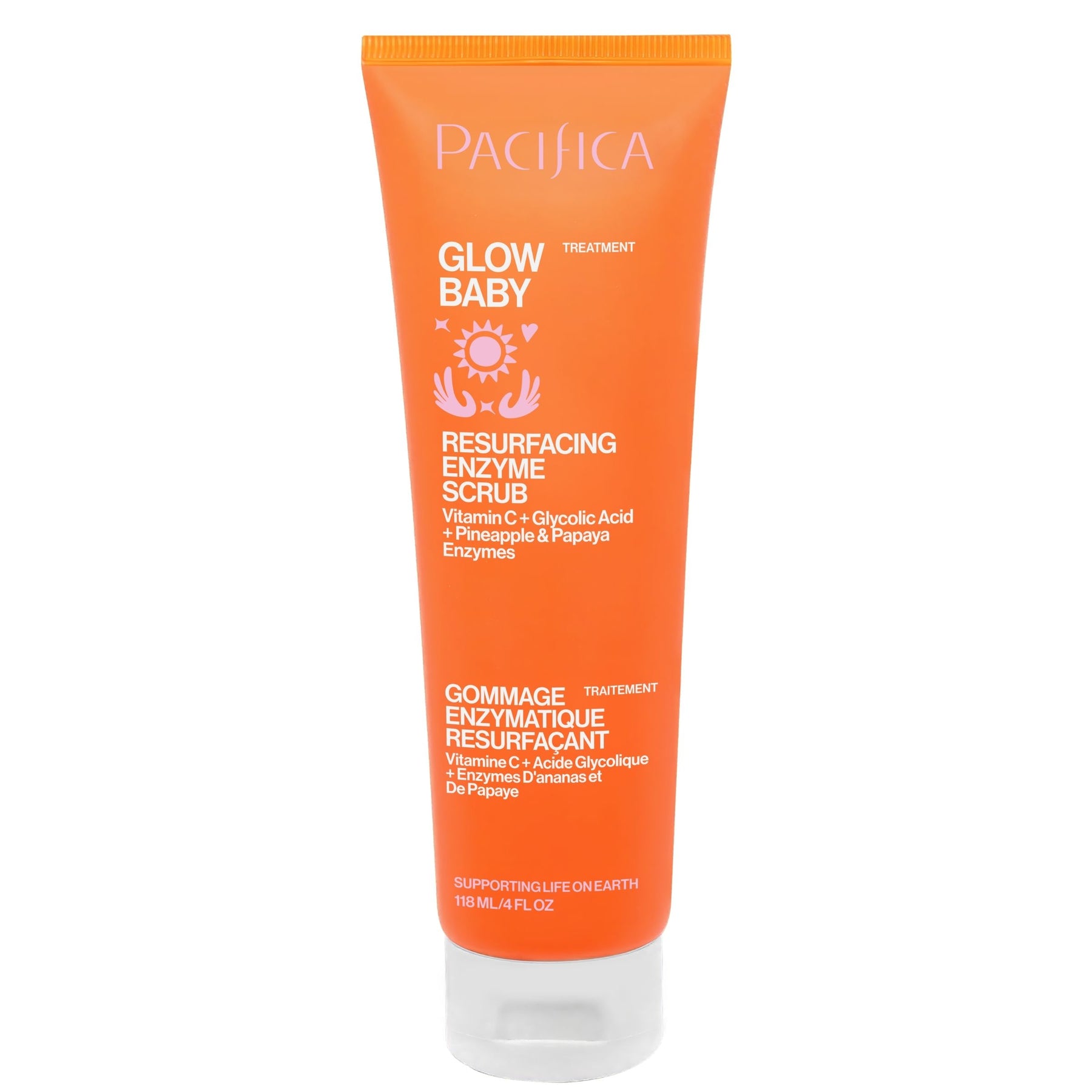 A single tube of Pacifica Glow Baby Resurfacing Enzyme Scrub in a bright orange color with white and pink text, shown on a plain white background.
