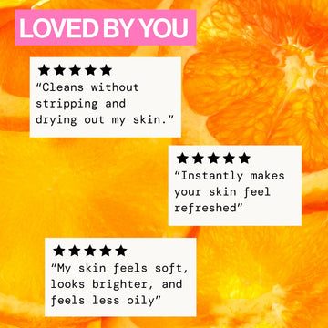 Promotional graphic with three white text boxes showing customer reviews over a bright orange citrus slice background. The top pink header reads 'LOVED BY YOU'.
