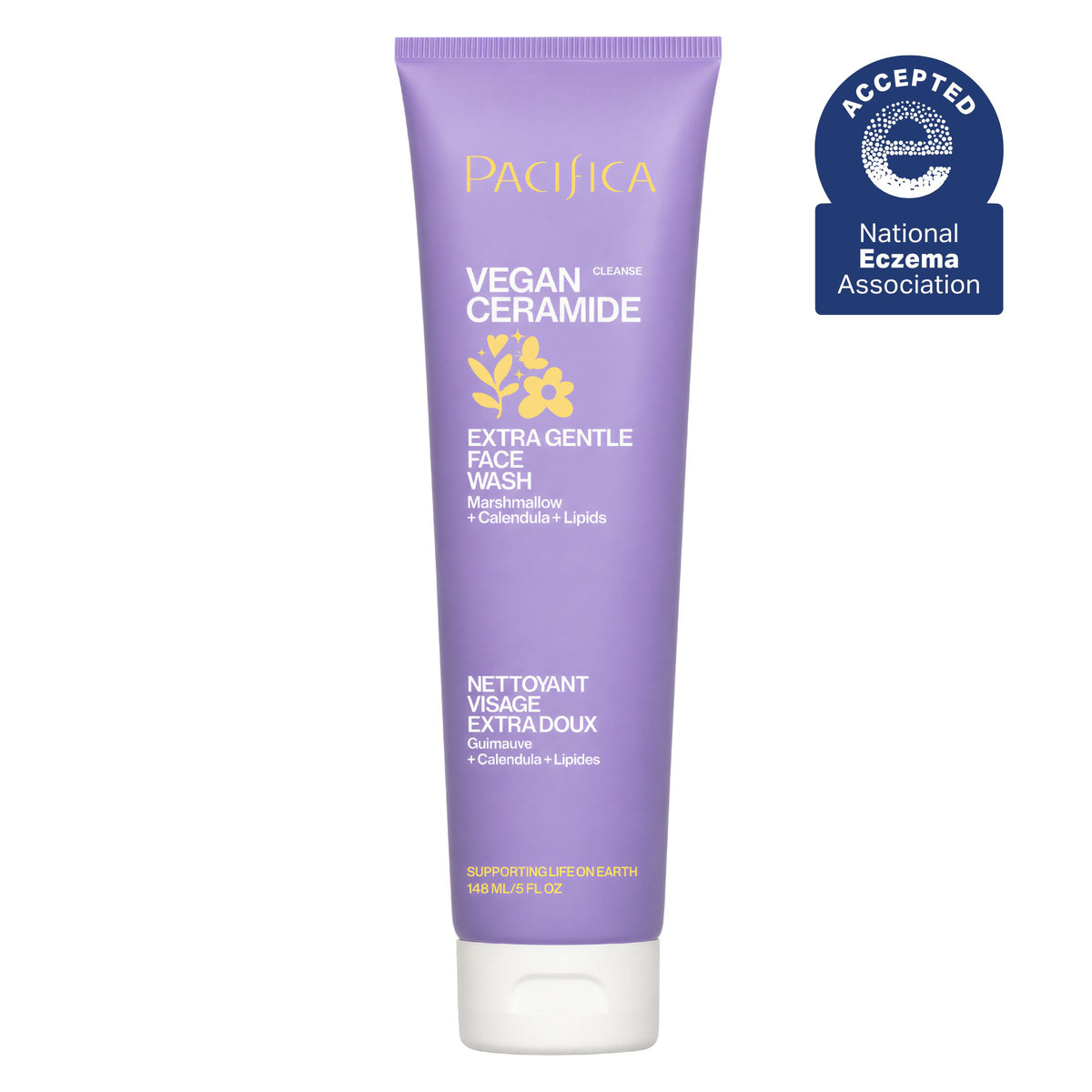 A lavender purple tube of Pacifica Vegan Ceramide Extra Gentle Face Wash with a white cap, shown on a white background with a blue National Eczema Association Accepted Seal in the top right corner.