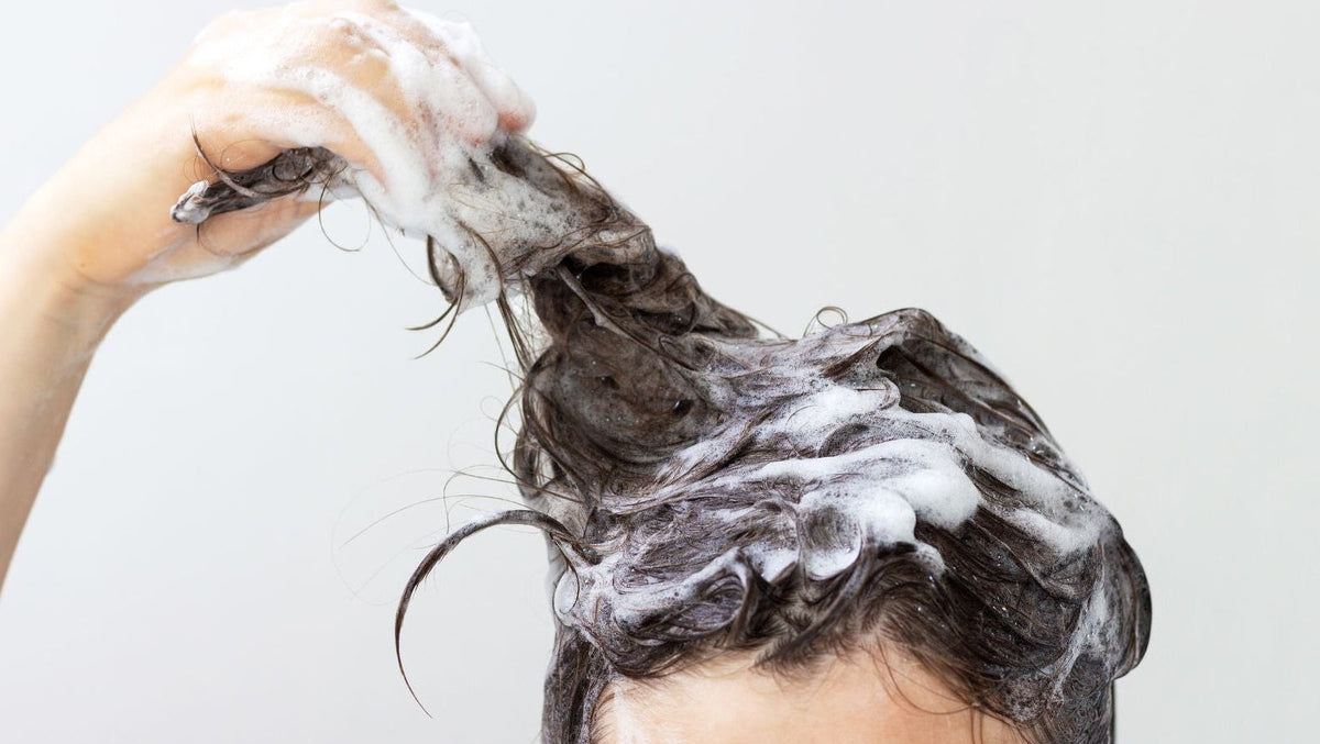 Person washing hair with shampoo against a white background