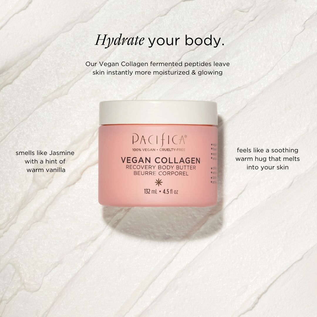 Hydrate your body. Our vegan collagen fermented peptides leave skin instantly more moisturized & glowing. Smells like jasmine with a hint of warm vanilla. Feels like a soothing warm hug that melts into your skin.