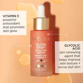 Vitamin C - powerful antioxidant that promotes skin glow. Glycolic Acid - skin renewing agent that helps improve skin texture + revive dull skin.